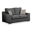 A dark gray two-seater sofa with textured upholstery, featuring two patterned throw pillows, against a white background.