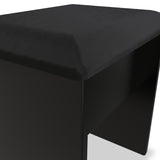 A modern, black ottoman with a textured fabric surface and simplistic design is present, isolated on a white background.