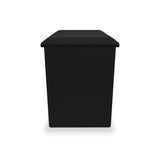 A black rectangular trash bin with a lid, standing stationary against a white background.