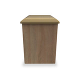 A wooden-textured trash bin with a beige lid stands isolated against a white background.