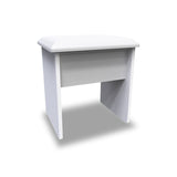 A small white desk with a single open shelf, isolated on a white background.