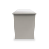 A grey trash bin with a closed lid, set against a solid white background.