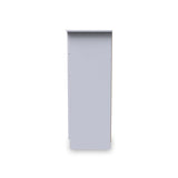 A tall, narrow, light gray cabinet with a closed door, centered against a plain white background.