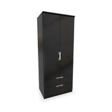 A black wardrobe with closed doors and two bottom drawers stands isolated against a white background.