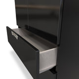 A black, glossy drawer partially opened, revealing a light gray fabric interior, set against a dark, undefined background.