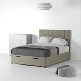 Farrow Cube Linen Divan Bed and Deluxe Headboard - Mink Ottoman from Roseland Furniture