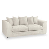 A beige corduroy sofa with plush cushions, standing stationary against a white background.