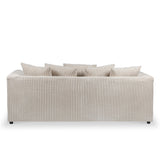 A beige corduroy sofa with multiple matching cushions, resting against a white background.