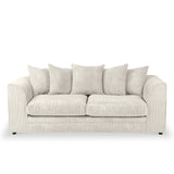 A neutral-toned corduroy sofa with plush cushions rests against a white background, conveying a comfortable and inviting furniture piece.