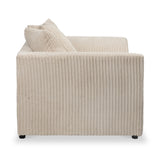 Beige corduroy armchair with a plush cushion, isolated against a white background.