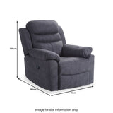 A plush grey recliner chair with dimensions labeled: height 100cm, width 96cm, and depth 91cm. Captioned "Image for size information only."