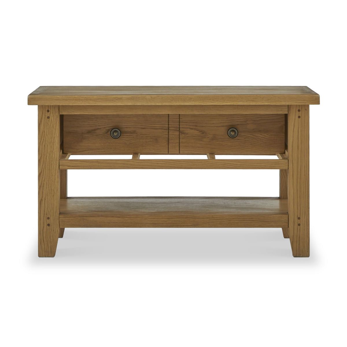 Oak coffee table with two drawers and a lower shelf, isolated against a white background.