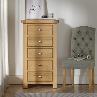 Portland Oak 5 Drawer Tallboy Chest