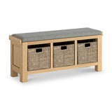 Portland-Oak-Storage-Bench-With-Baskets-&-Grey-Cushion from Roseland Furniture