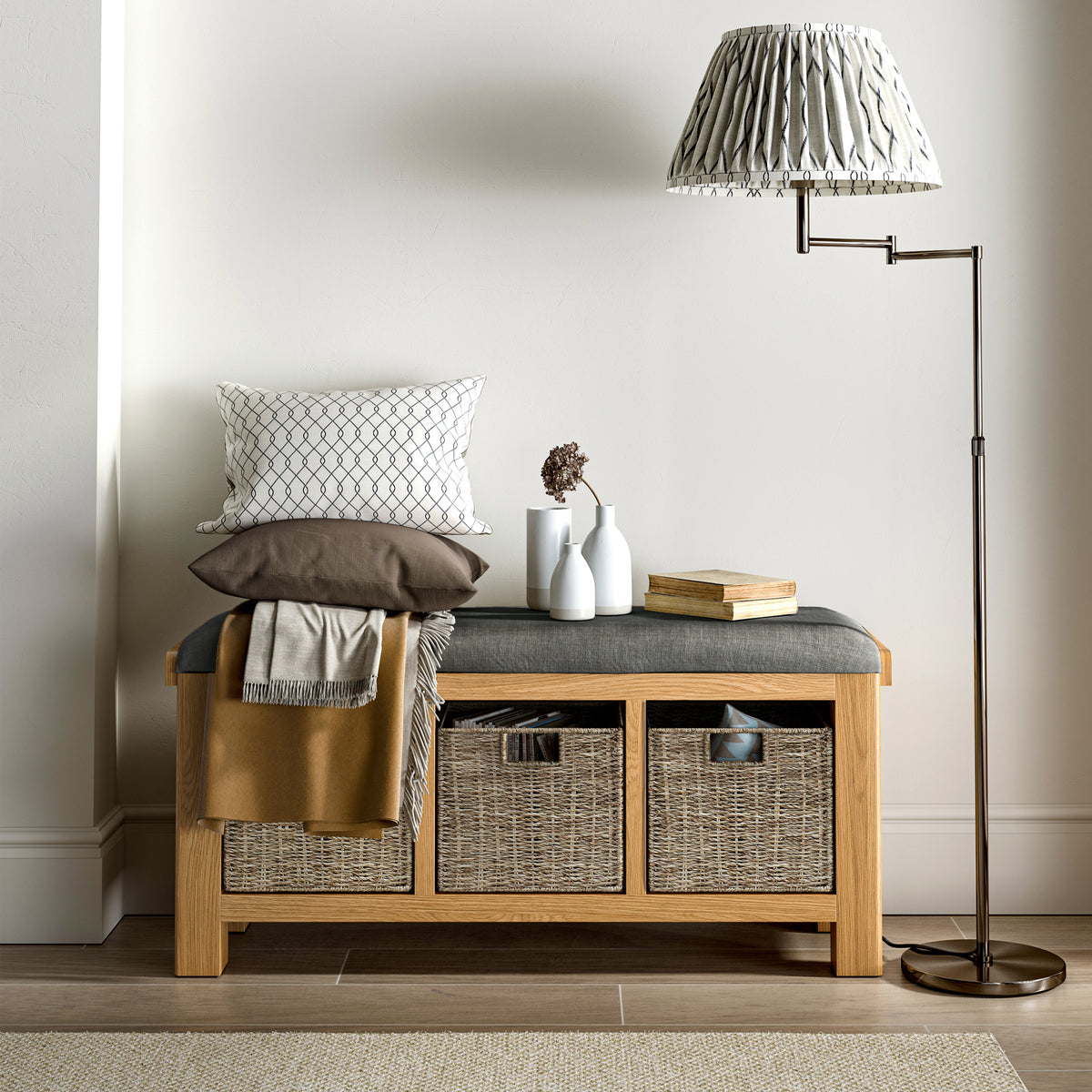 Portland Oak Storage Bench with Cushion from Roseland Furniture