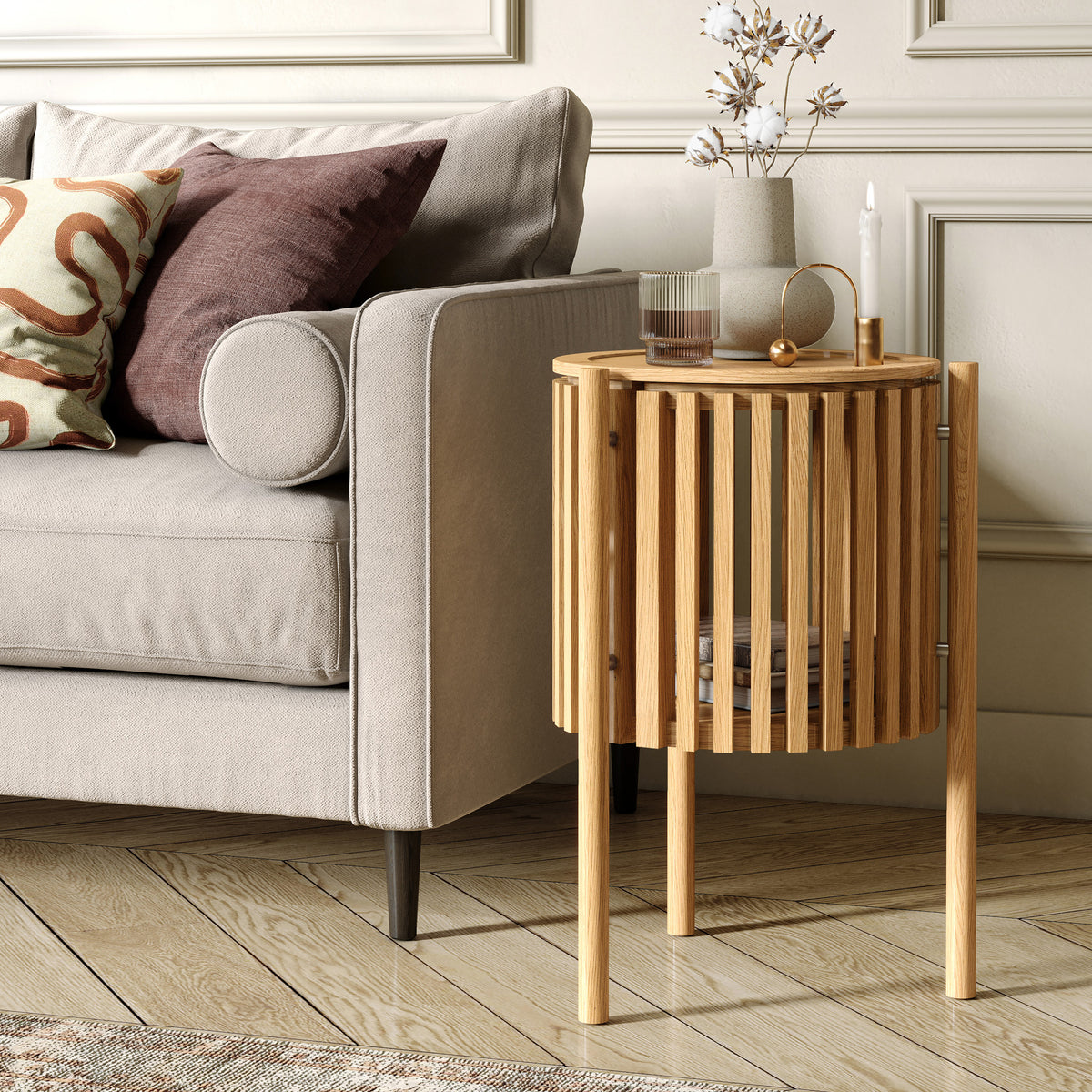 Shorwell Oak Slatted Story 1 Door Side Table from Roseland Furniture