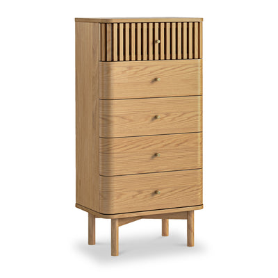 Shorwell Oak Slatted 5 Drawer Tallboy Chest