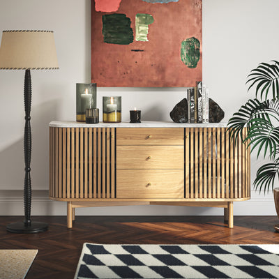 Shorwell Oak & Marble Slatted 3 Drawer Sideboard