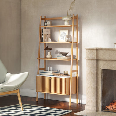 Shorwell Oak & Marble Bookcase with 2 Door Slatted Cupboard