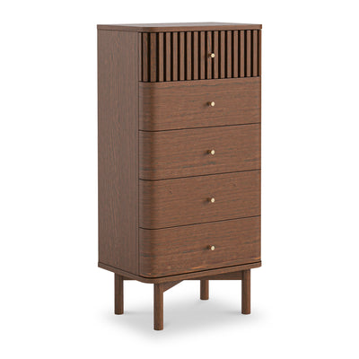 Shorwell Dark Oak Slatted 5 Drawer Tallboy Chest