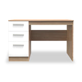 A wooden desk with white drawers on the left, standing idle against a white background.