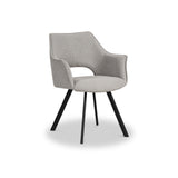 A modern chair with a textured grey fabric and black metal legs stands empty against a white background.