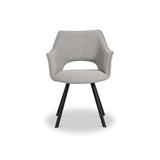 A modern light gray upholstered chair with a curved backrest and cut-out lower back is standing stationary, against a plain white background. It has four angular black legs.