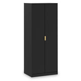 A tall black wardrobe stands with closed doors and a single gold-colored handle, isolated against a white background.