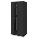 A tall black wardrobe stands with closed doors and a single gold-colored handle, isolated against a white background.