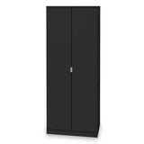 A tall black wardrobe stands with closed doors and a single gold-colored handle, isolated against a white background.