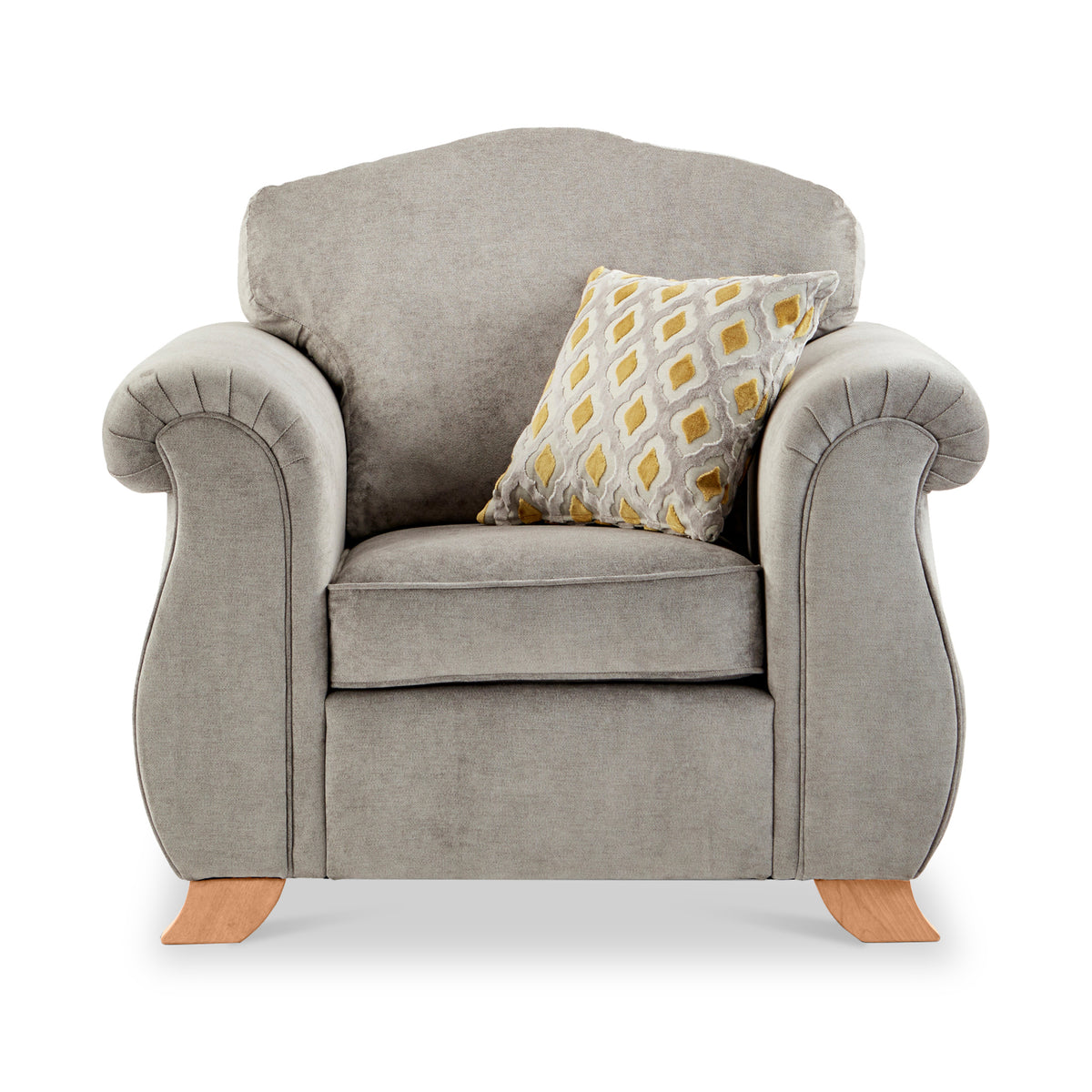 Ashwood-armchair-ochre-orange-cushions-grey from Roseland Furniture