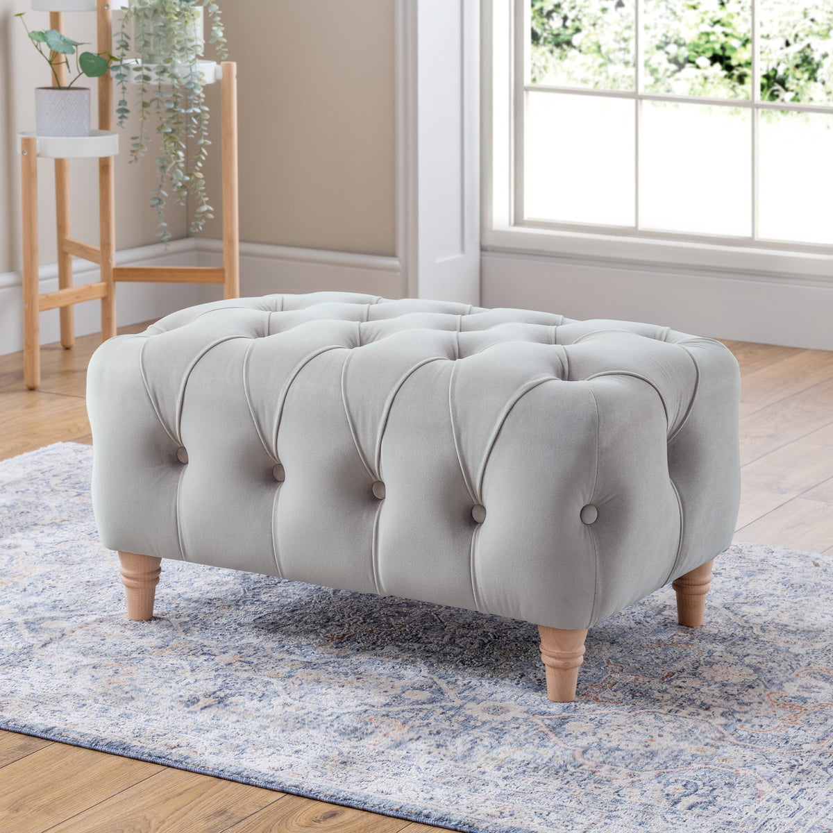 Clarence Chalk Velvet Buttoned Footstool for living room