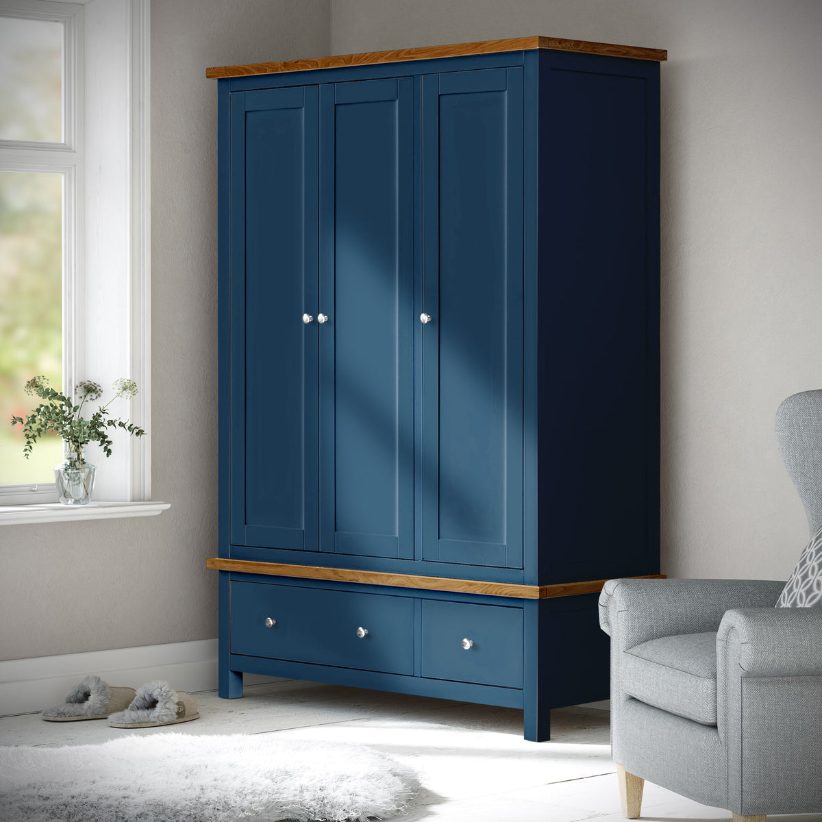 Farrow Navy Blue Triple Wardrobe with Storage Drawers from Roseland Furniture