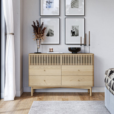 Finch Oak Slatted 6 Drawer Wide Chest of Drawers