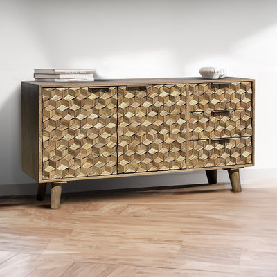 Enzo Geometric Mango Wood 3 Drawer 2 Door Sideboard