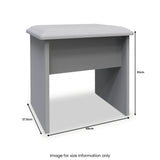 A grey, cushioned bench with an open shelf, dimensions labeled: height 51cm, width 48cm, depth 37.5cm. Text states "Image for size information only."