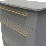 A gray chest of drawers with three closed sections, each with a gold horizontal handle, against a white background.