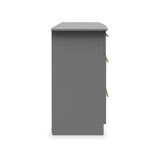 A gray metal locker with a closed door, gold-colored handles on the side, against a plain white background.