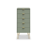 Moreno Olive Green 5 Drawer Tallboy Chest with Gold Hairpin Legs from Roseland Furniture