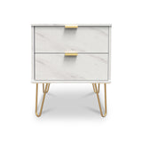 A white marble-patterned nightstand with two drawers and brass handles stands on four slanted gold legs against a white background.