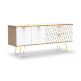 A long wooden sideboard with white doors and geometric patterns stands on slender gold-colored legs, isolated against a white background.