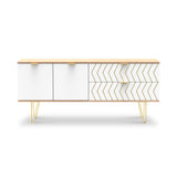 A modern wooden sideboard with gold handles and legs, featuring white cabinet doors, some decorated with a geometric pattern, against a white background.