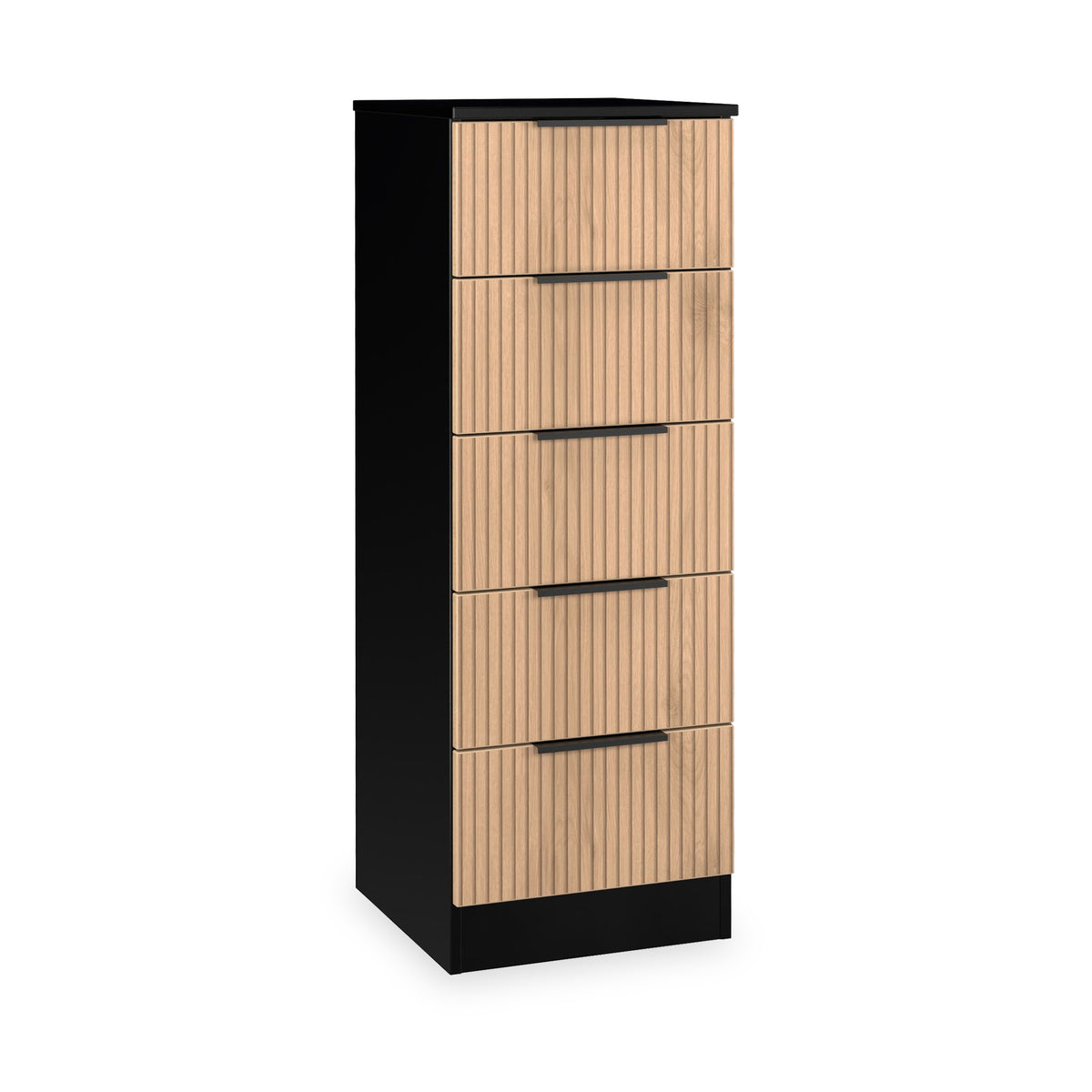 Jago-slatted-effect-5-drawer-tallboy-black from Roseland Furniture