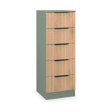 Jago-slatted-effect-5-drawer-tallboy-green from Roseland Furniture