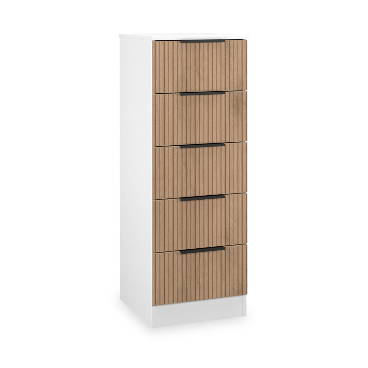 Jago-slatted-effect-5-drawer-tallboy-white from Roseland Furniture