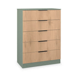 Jago-slatted-effect-5-drawer-chest-green from Roseland Furniture