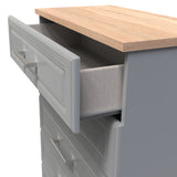 A 3D rendering of a modern drawer partially open, revealing a fabric-lined interior, with a wooden countertop above, set against a plain background.