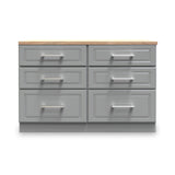 A standalone gray cabinet with six drawers and metal handles, featuring a wooden countertop, is set against a white background.