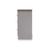 A vertical grey cabinet door with a brown top edge and hinges on the left side, isolated on a white background.