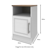 A white bedside cabinet with a wood-effect top features one open shelf and a closed drawer with a handle. Measurements: 39.5cm width, 41.5cm depth, 69.5cm height. Text: "Image for size information only."